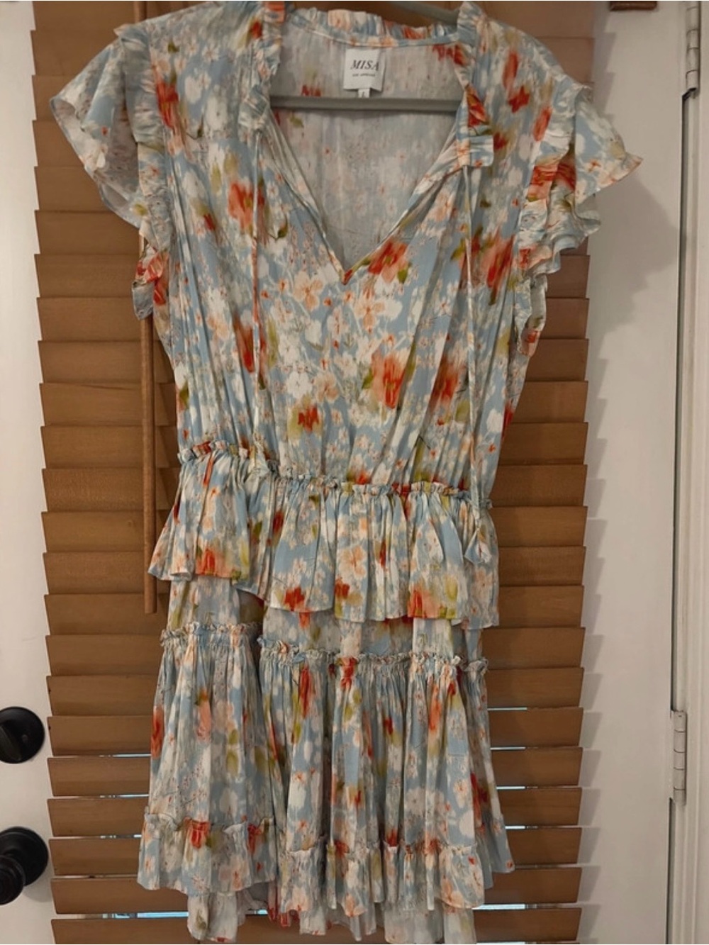MISA Los Angeles Sky Blue Floral Ruffle Tiered Mini Dress